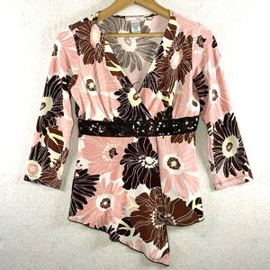 Vintage Womens Floral Faux Wrap Top Sz S Fairy Grunge Sequin Asymmetric Stretch